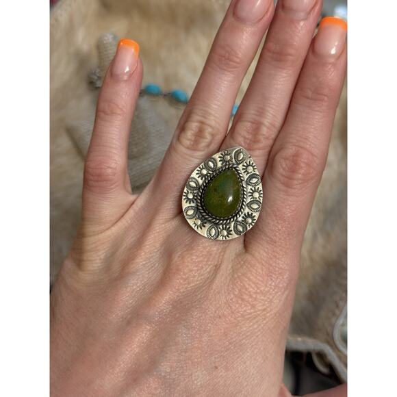 Native American SW Sterling Silver emerald valley Turquoise Ring Adj💚Stamped - Picture 2 of 11